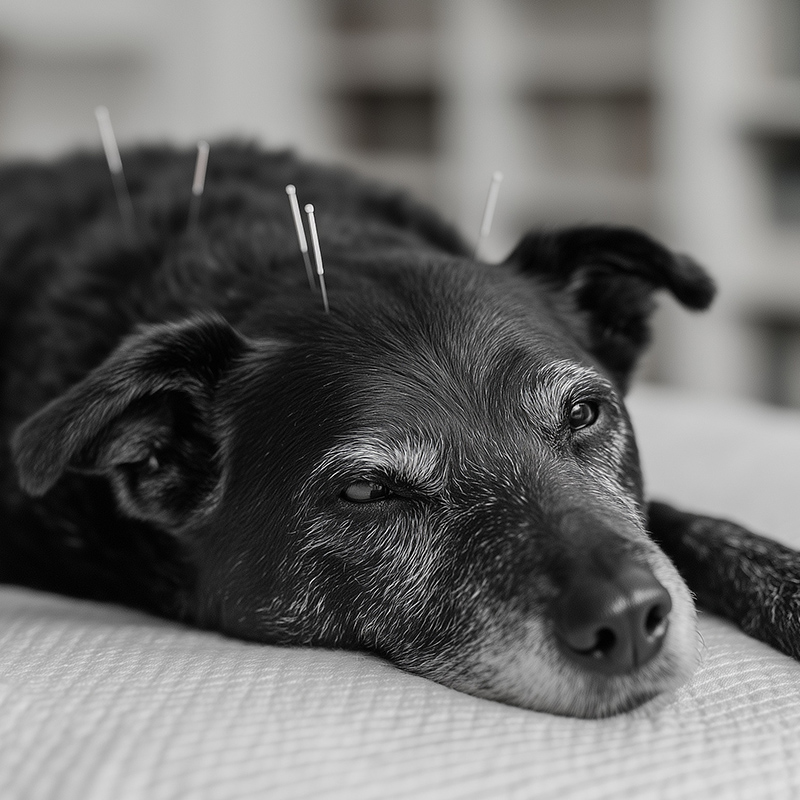black dog with graying muzzle relaxing during acupuncture treatment